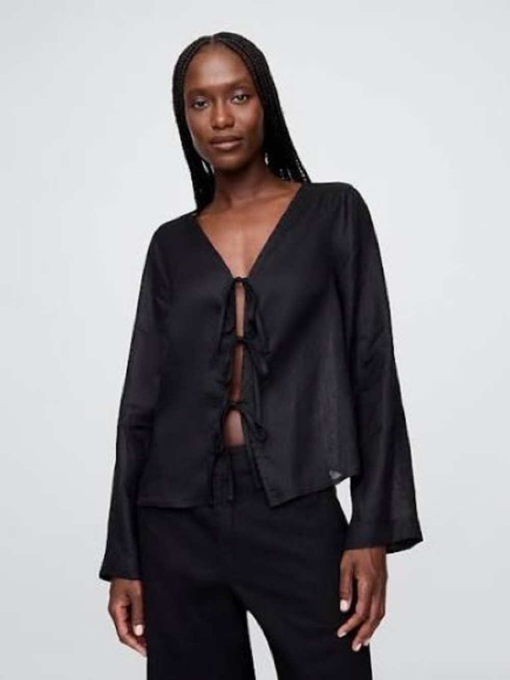 GAP Linen Long Sleeve Tie-Front Black Top - Medium Petite